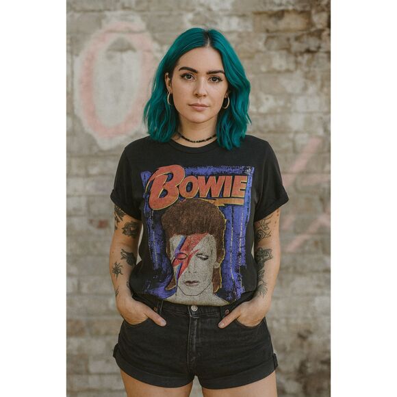 David Bowie Black Glitter Ziggy Stardust T Shirt Tee Top  Women's Size Small - Picture 1 of 8